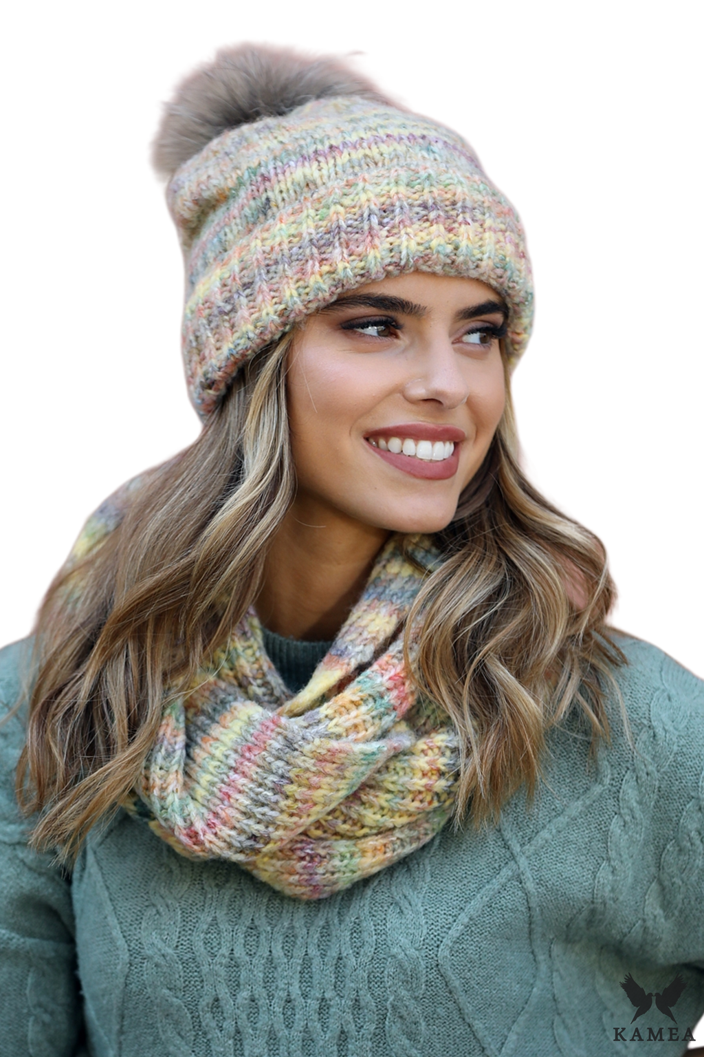 Komin Damski, Model: Gaja-Komin, Kolor: żółty, Skład materiału: 65% Akryl; 21% Wełna; 14% Poliamid, Przeznaczenie: Jesień/Zima (Komin Damski, zdjęcie 3)