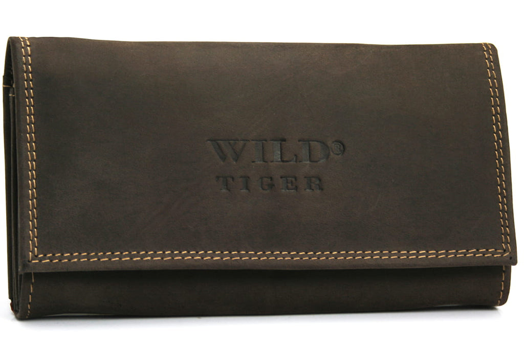 Portfel damski Wild Tiger z ciemnobrązowej skóry nubukowej o dużej pojemności i eleganckim designie | Spironik.pl