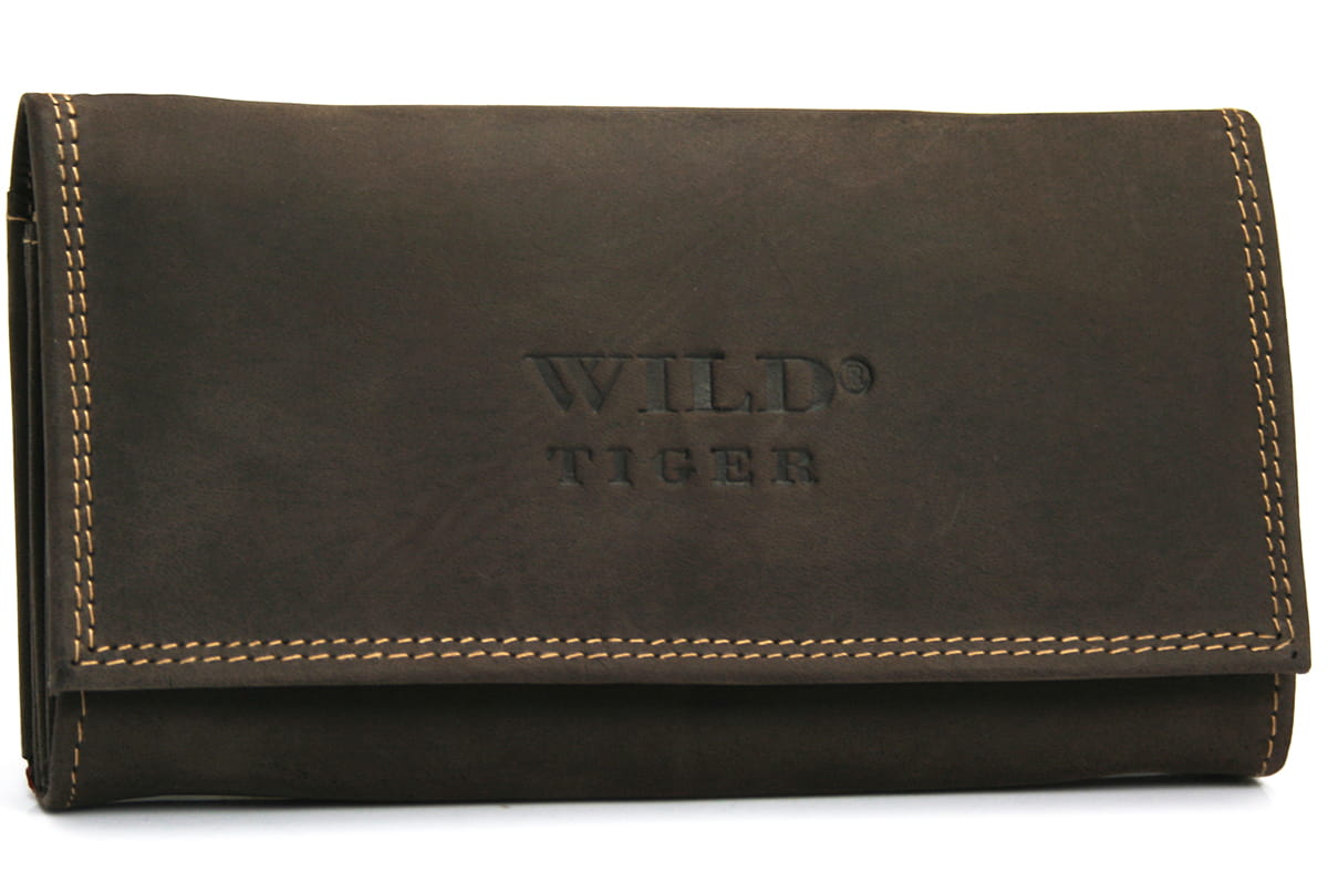 Portfel damski Wild Tiger z ciemnobrązowej skóry nubukowej o dużej pojemności i eleganckim designie | Spironik.pl