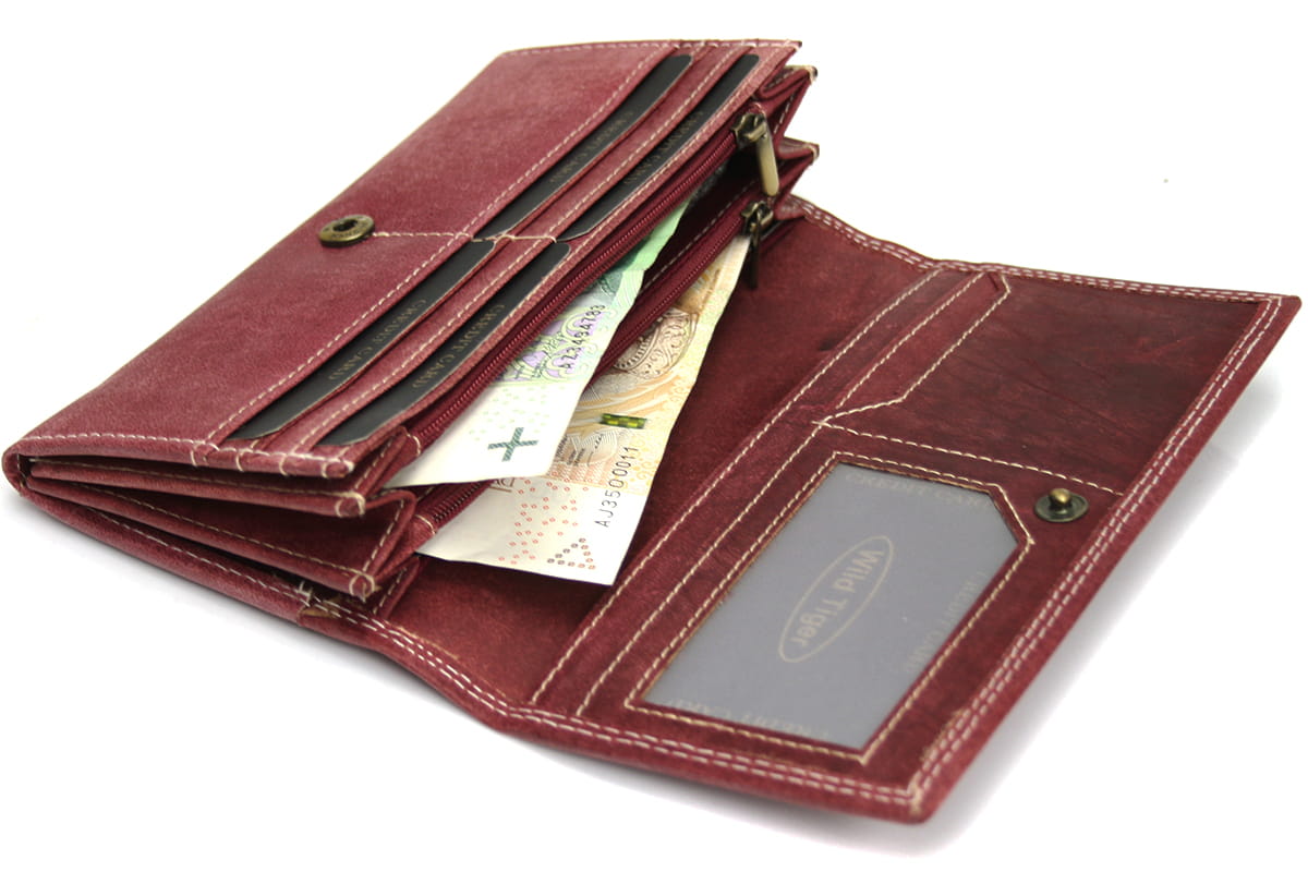 Ciemnoczerwony portfel damski z naturalnej skóry nubukowej z kieszeniami na bilon i banknoty | Wild Tiger | Spironik.pl
