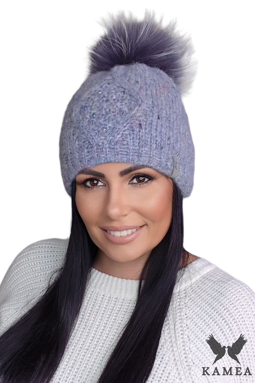 Czapka Damska, Model: Cyrena Pompon Natural, Kolor: niebieski, Skład materiału: 31% Mohair; 31% Alpaka; 20% Poliamid; 13% Bawełna; 5% Poliester, Przeznaczenie: Jesień/Zima, Rozmiar: Uniwersalny (54-60)