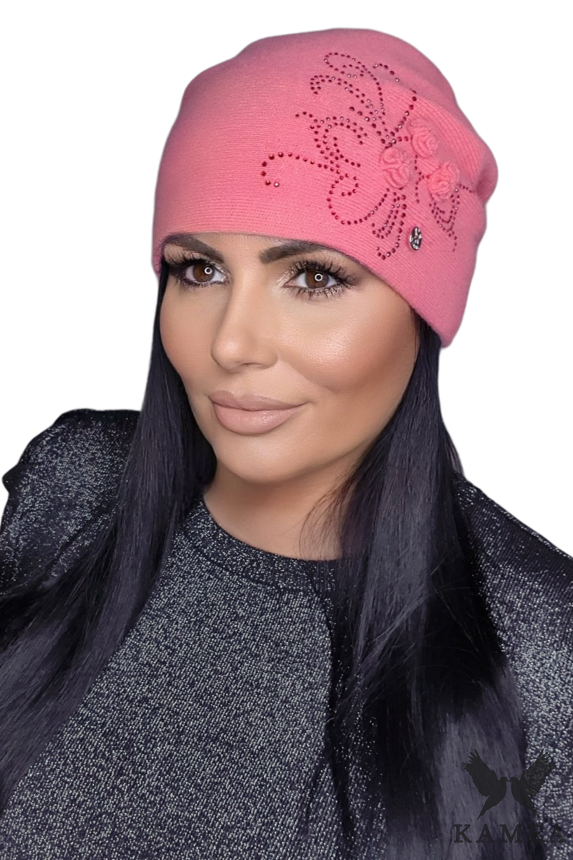 Czapka Damska, Model: Melisa, Kolor: koralowy, Skład materiału: 100% Wełna, Rozmiar: Uniwersalny (54-60)