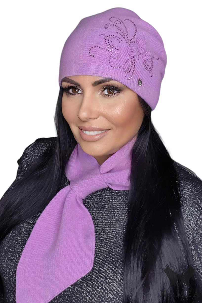 Czapka Damska, Model: Melisa, Kolor: lila róż, Skład materiału: 100% Wełna, Rozmiar: Uniwersalny (54-60) (Czapka Damska, zdjęcie 2)