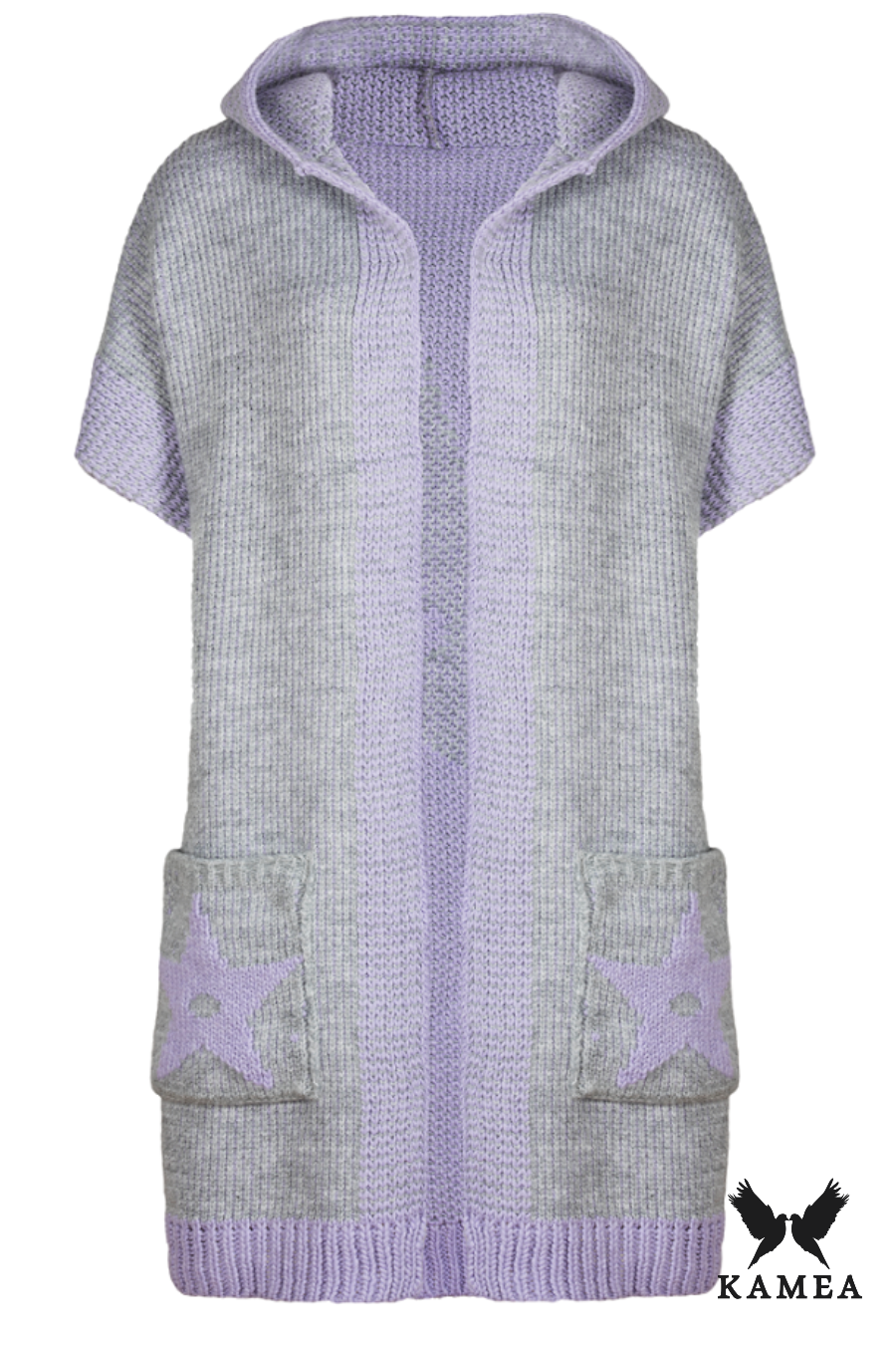 Kardigan Damski, Model: Pandora, Kolor: szary-lila, Skład materiału: 55% Poliakryl; 25% Wełna; 10% Poliester; 10% Alpaka