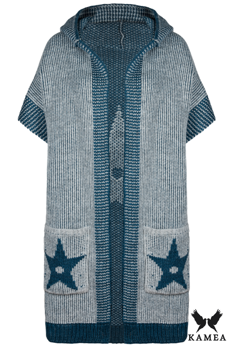 Kardigan Damski, Model: Pandora, Kolor: szary-turkus, Skład materiału: 55% Poliakryl; 25% Wełna; 10% Poliester; 10% Alpaka