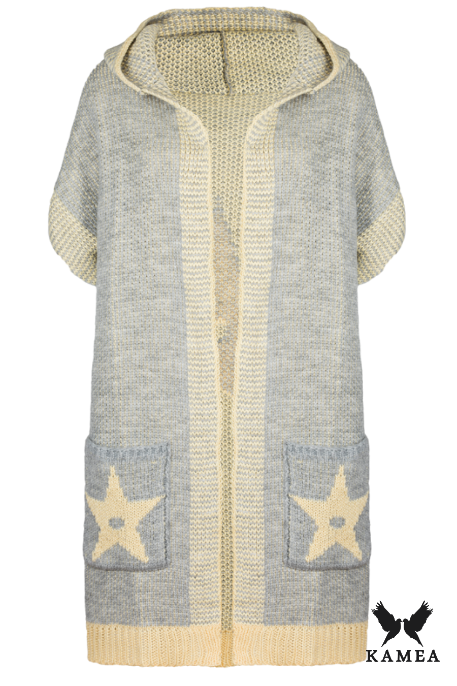 Kardigan Damski, Model: Pandora, Kolor: szary-banan, Skład materiału: 55% Poliacryl; 25% Wełna; 10% Poliester; 10% Alpaka, Przeznaczenie: Wielosezonowe (Kardigan Damski, zdjęcie 2)