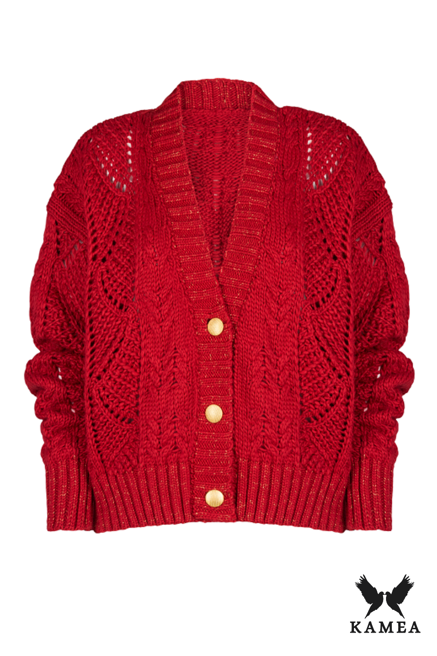 Kardigan Damski, Model: Karmen, Kolor: czerwony-lux, Skład materiału: 58% Akryl; 30% Wełna; 10% Alpaka; 2% Lurex