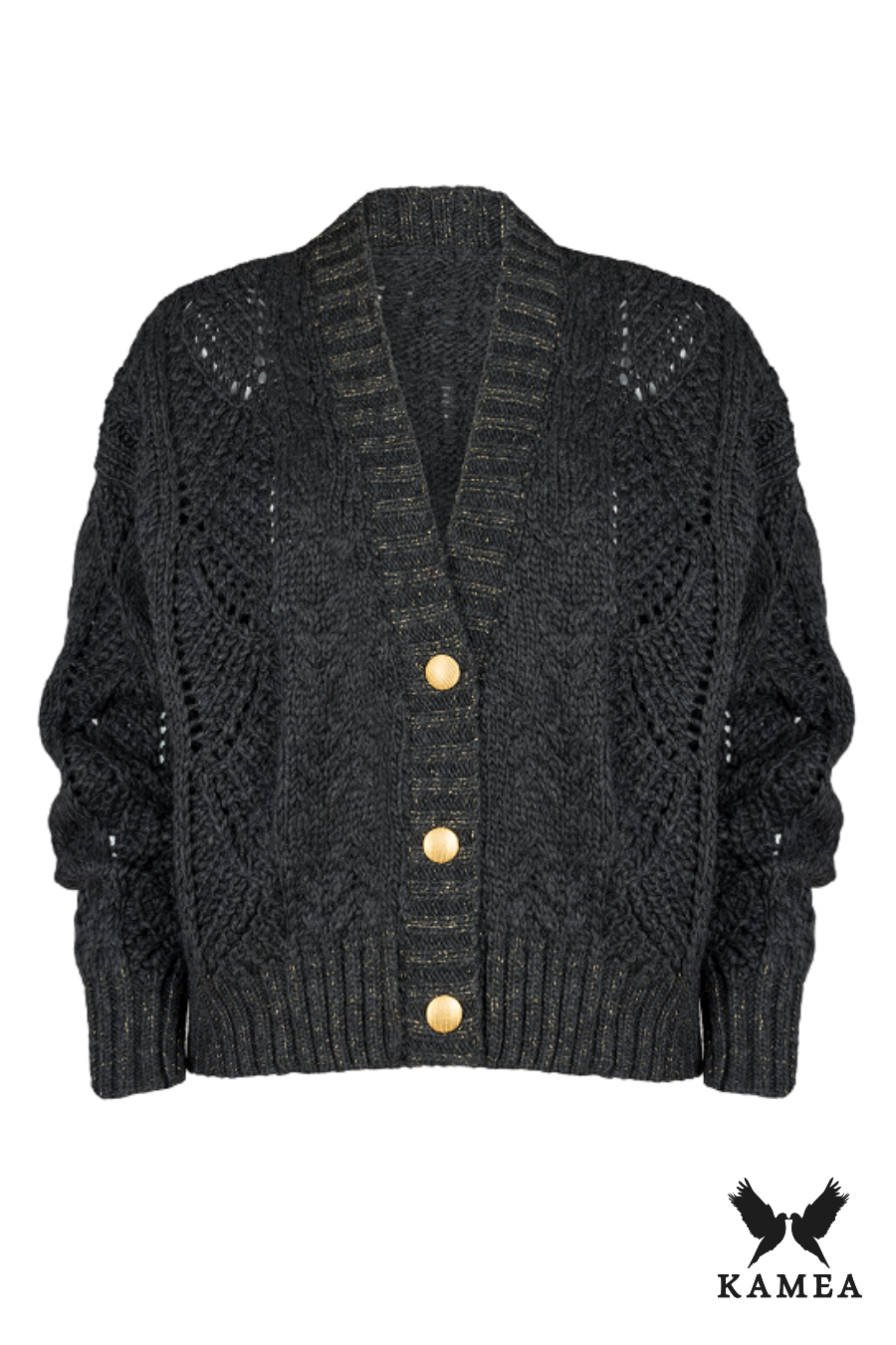 Kardigan Damski, Model: Karmen, Kolor: grafitowy-lux, Skład materiału: 58% Akryl; 30% Wełna; 10% Alpaka; 2% Lurex, Przeznaczenie: Wielosezonowe