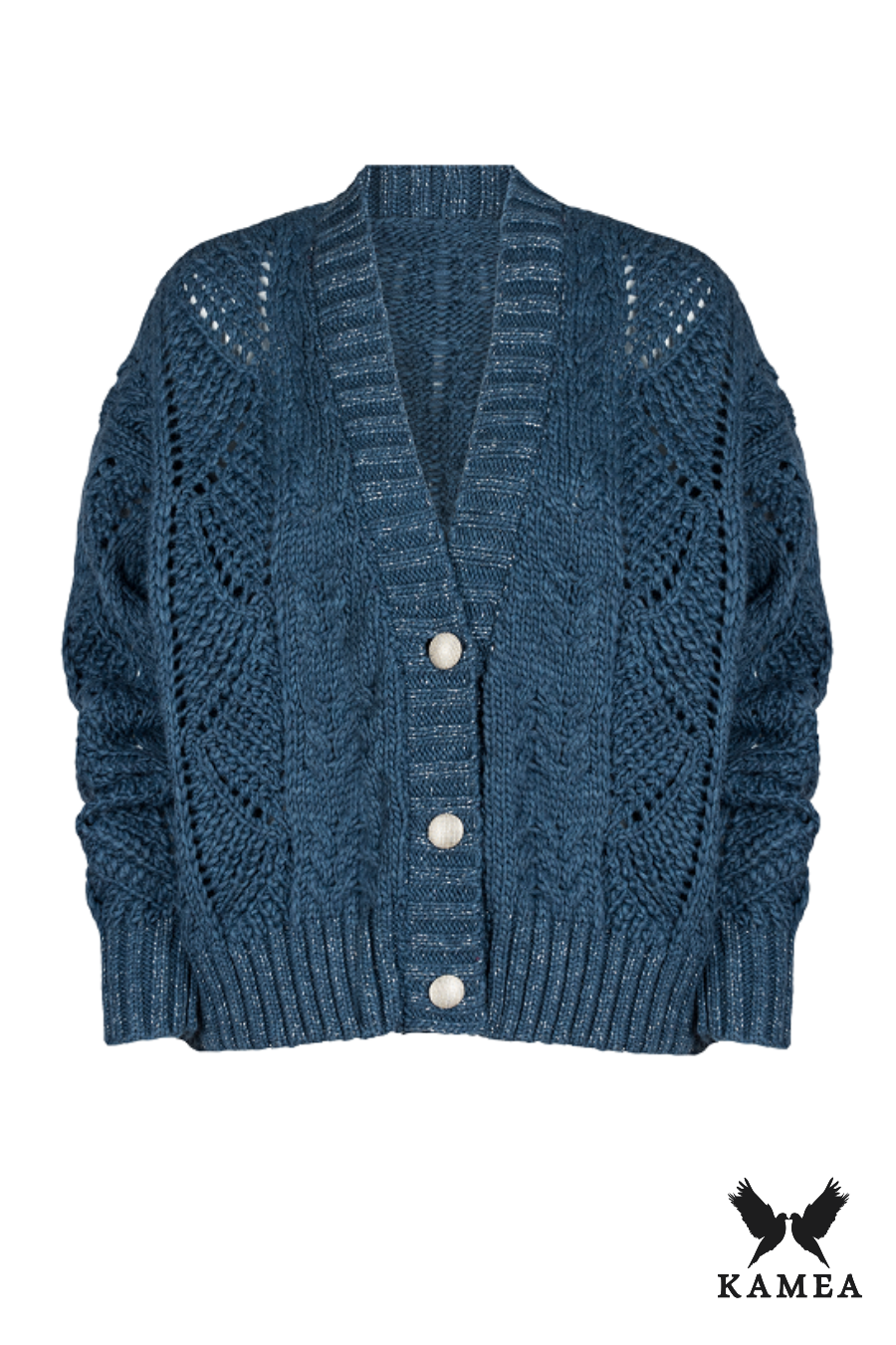 Kardigan Damski, Model: Karmen, Kolor: niebieski-lux, Skład materiału: 58% Akryl; 30% Wełna; 10% Alpaka; 2% Lurex