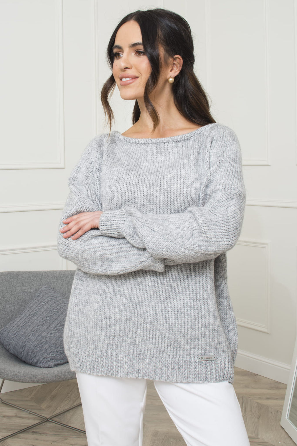 Sweter Damski, Model: Sara, Kolor: szary, Skład materiału: 48% Akryl; 33% Poliamid; 19% Wełna