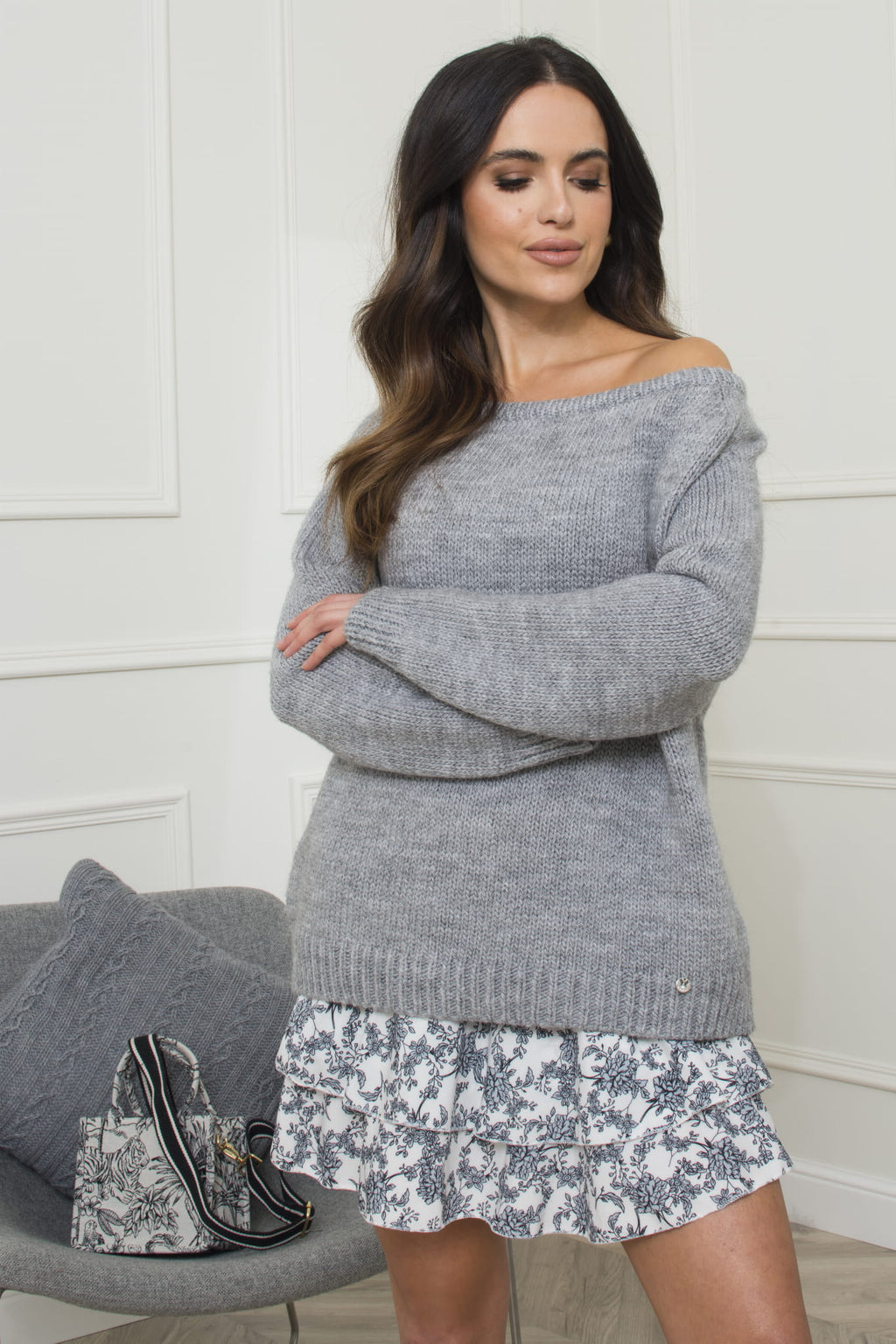 Sweter Damski, Model: Mirra, Kolor: szary, Skład materiału: 50% Akryl; 20% Poliamid; 25% Merynos Wełna; 5% Elastan, Przeznaczenie: Wielosezonowe