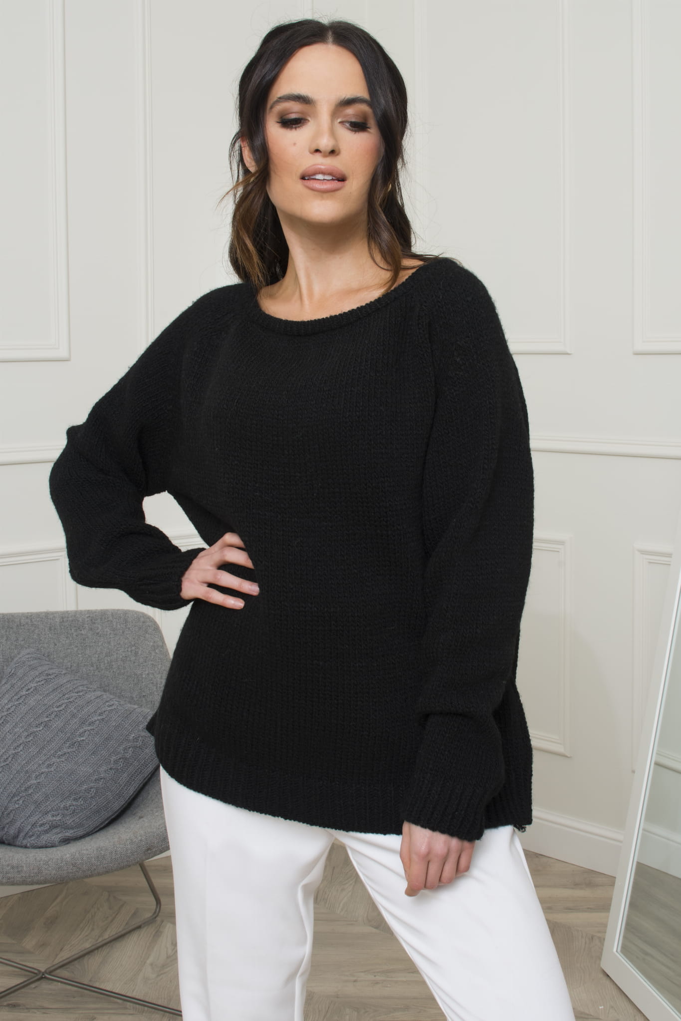 Sweter Damski, Model: Mirra, Kolor: czarny, Skład materiału: 50% Akryl; 20% Poliamid; 25% Merynos Wełna; 5% Elastan, Przeznaczenie: Wielosezonowe