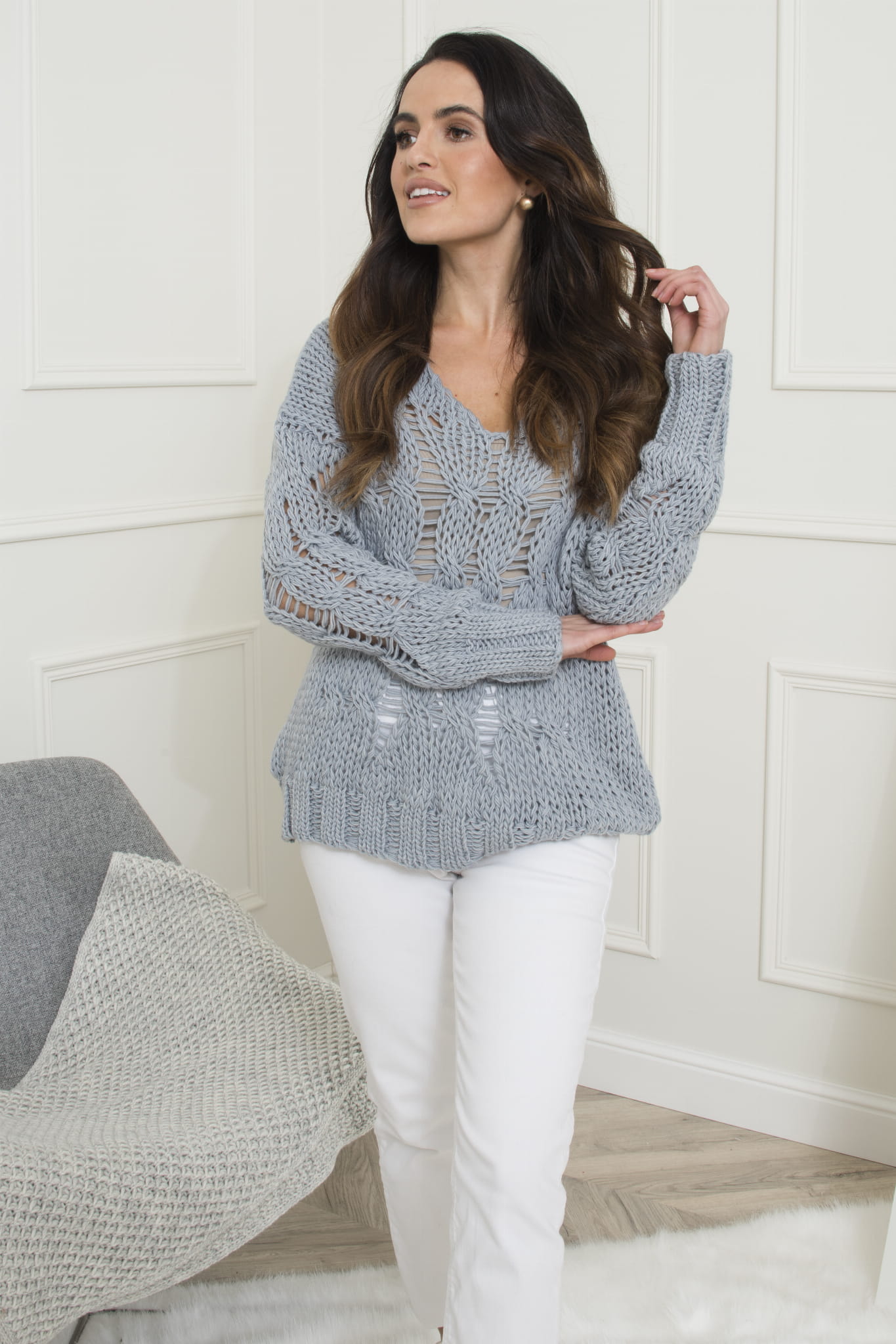 Sweter Damski, Model: Cleo, Kolor: szary, Skład materiału: 100% Wełna (Sweter Damski, zdjęcie 2)