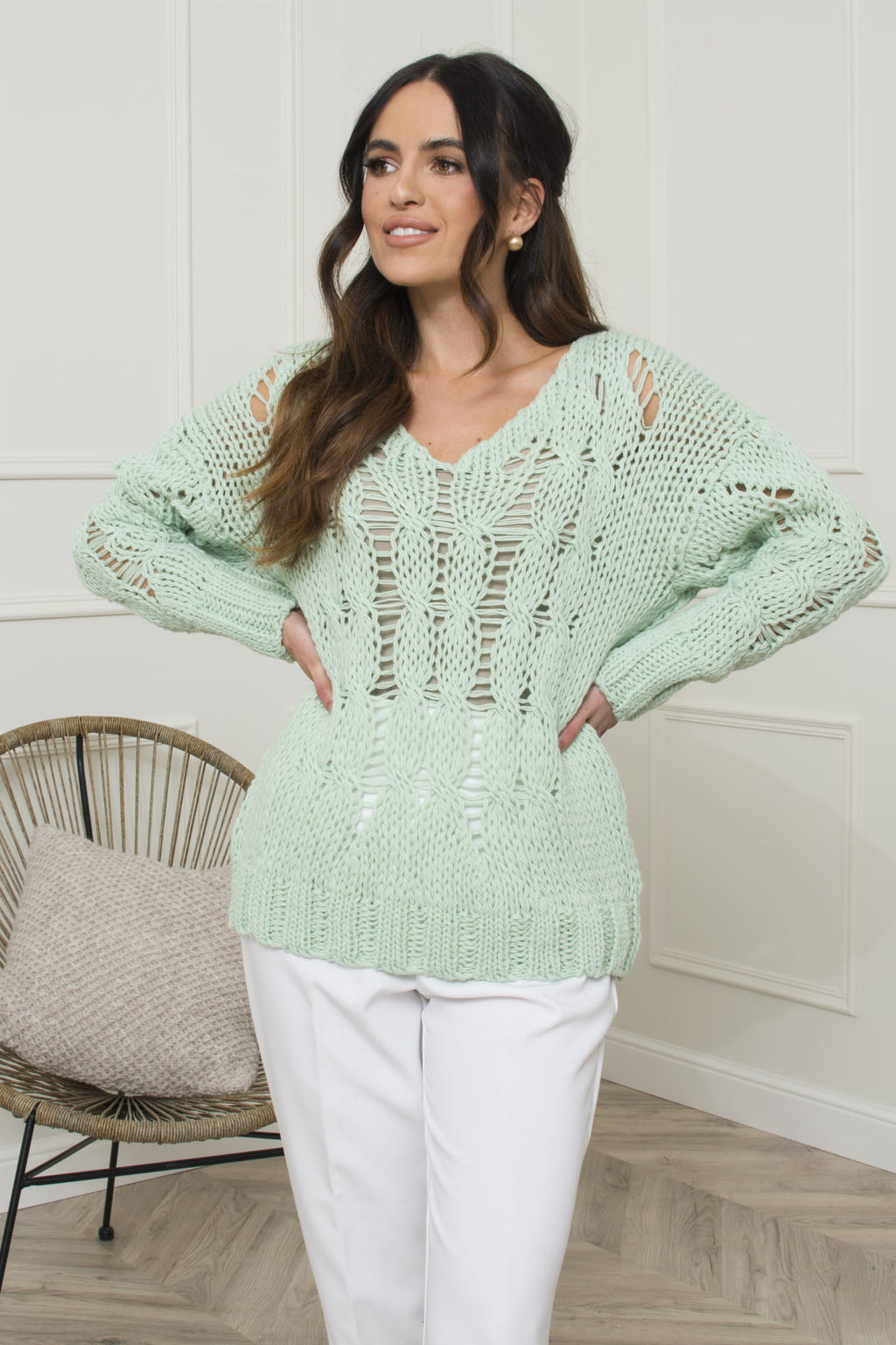 Sweter Damski, Model: Cleo, Kolor: pistacja, Skład materiału: 100% Wełna