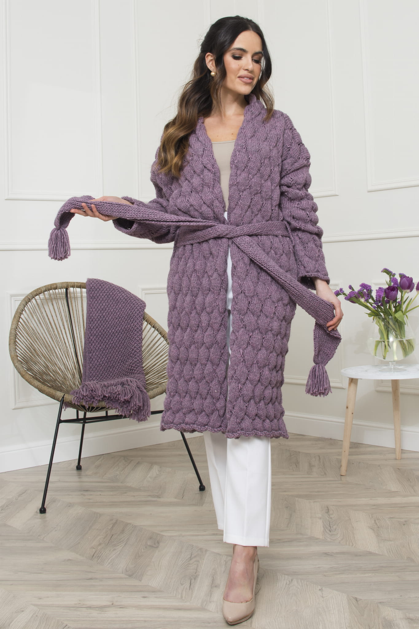 Kardigan Damski, Model: Bianka, Kolor: lila róż, Skład materiału: 58% Akryl; 30% Wełna; 10% Alpaka; 2 % Poliester, Przeznaczenie: Wielosezonowe (Kardigan Damski, zdjęcie 2)