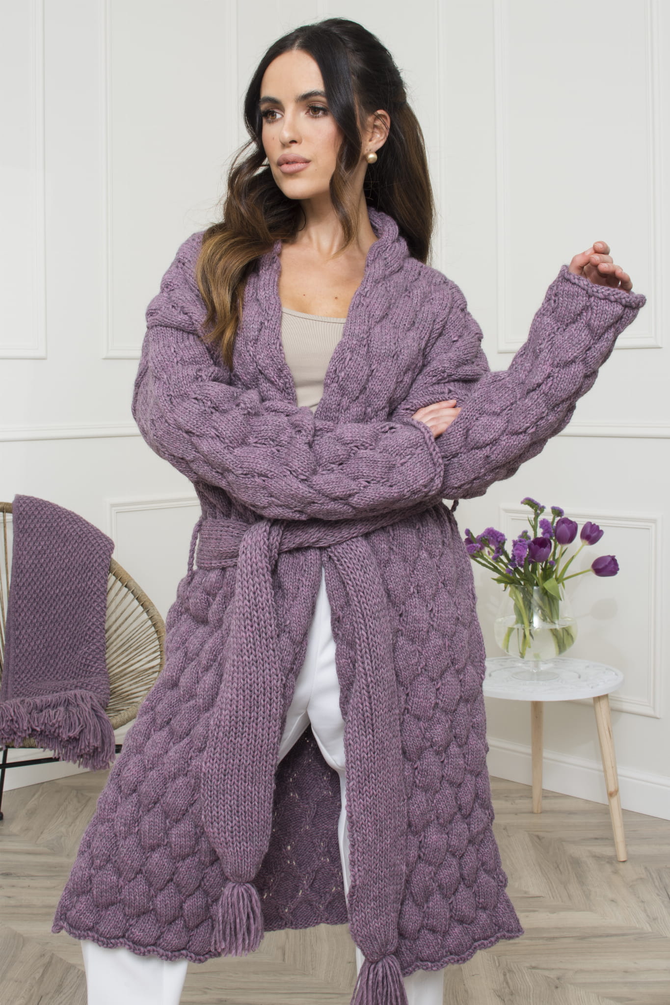 Kardigan Damski, Model: Bianka, Kolor: lila róż, Skład materiału: 58% Akryl; 30% Wełna; 10% Alpaka; 2 % Poliester, Przeznaczenie: Wielosezonowe