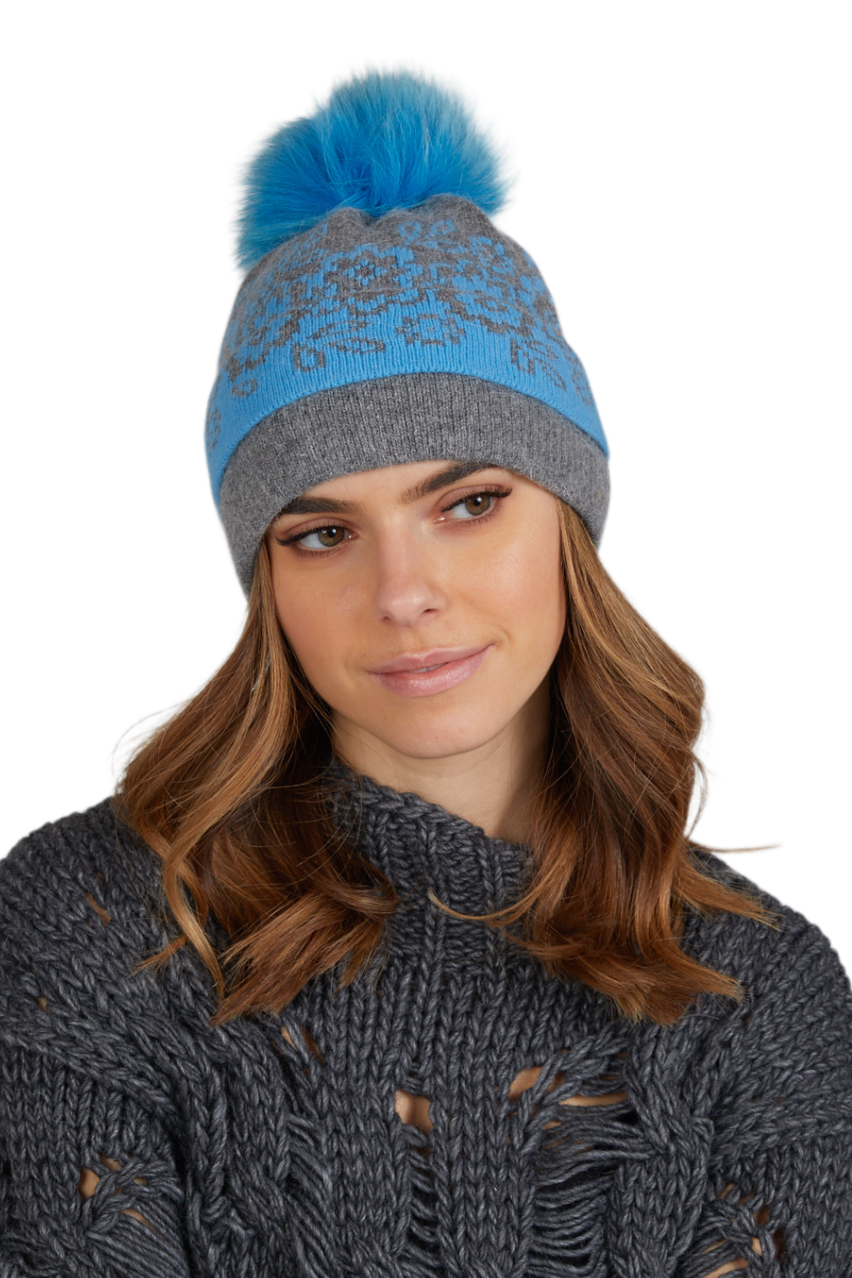 Czapki, Model: Lessie-Pompon Fox, Kolor: szary, Skład materiału: 40% Angora; 30% Wełna; 30% Akryl, Przeznaczenie: Jesień/Zima, Rozmiar: Uniwersalny (54-60)