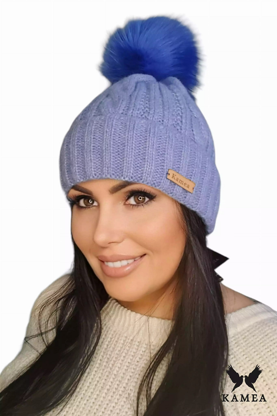 Czapka Damska, Model: Nicky Natural Pompon, Kolor: niebieski, Skład materiału: 57% Akryl; 29% Poliamid; 7% Wiskoza; 7% Wełna, Rozmiar: Uniwersalny (54-60)