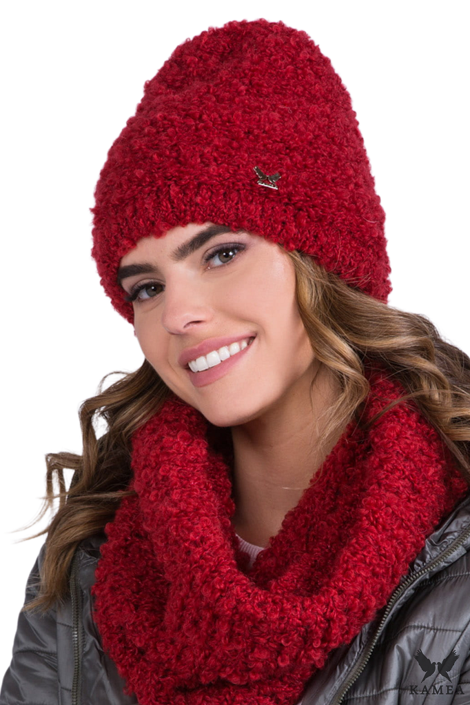 Komplet (Czapka+ Komin), Model: Nimfa-Komplet, Kolor: czerwony, Skład materiału: 38% Akryl; 25% Moher; 20% Wełna; 17% Poliamid, Rozmiar: Uniwersalny (54-60)