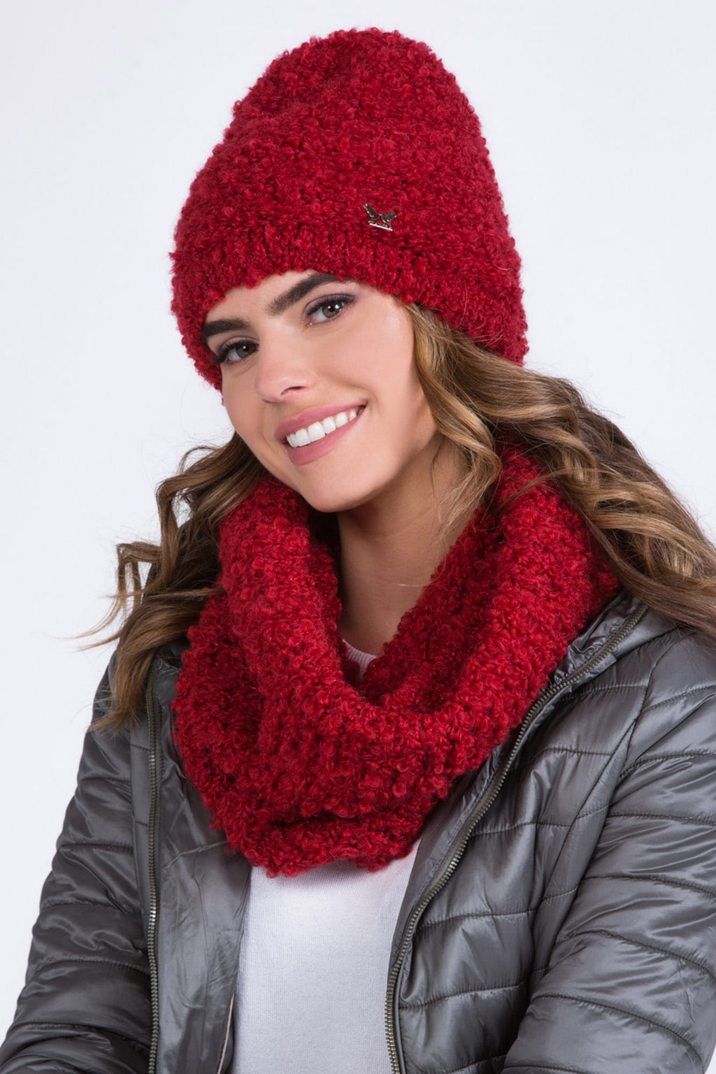 Komplet (Czapka+ Komin), Model: Nimfa-Komplet, Kolor: czerwony, Skład materiału: 38% Akryl; 25% Moher; 20% Wełna; 17% Poliamid, Rozmiar: Uniwersalny (54-60) (Komplet (Czapka+ Komin), zdjęcie 2)