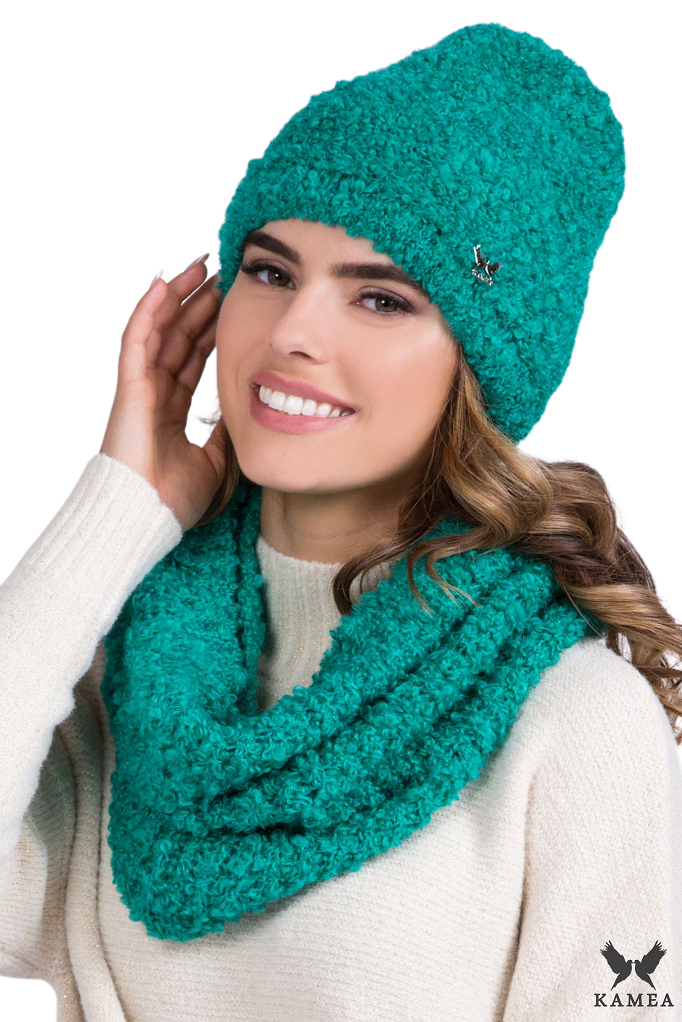 Komplet (Czapka+ Komin), Model: Nimfa-Komplet, Kolor: turkusowy, Skład materiału: 38% Akryl; 25% Moher; 20% Wełna; 17% Poliamid, Rozmiar: Uniwersalny (54-60)