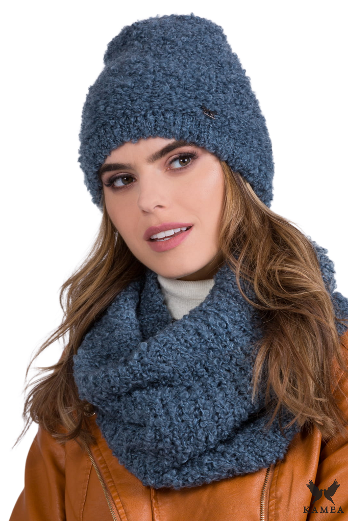 Komplet (Czapka+ Komin), Model: Nimfa-Komplet, Kolor: jeansowy, Skład materiału: 38% Akryl; 25% Moher; 20% Wełna; 17% Poliamid, Rozmiar: Uniwersalny (54-60)