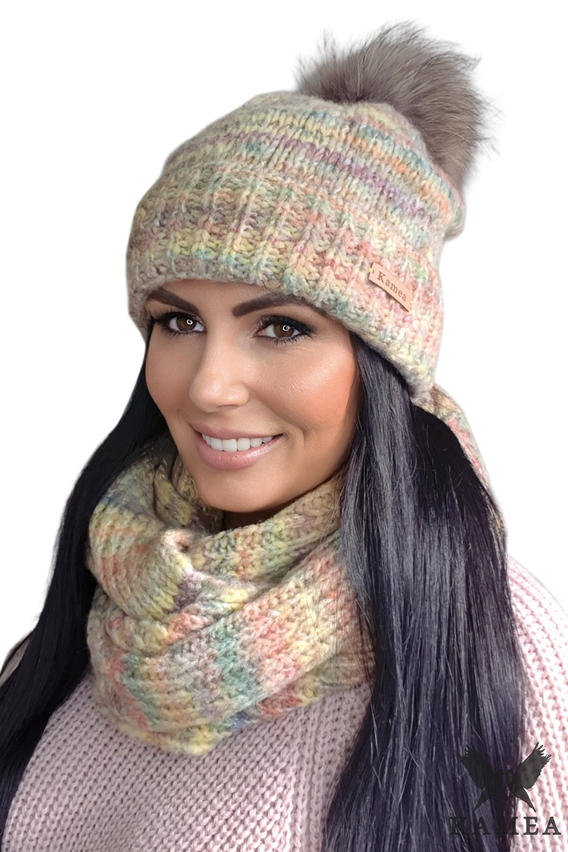 Komplet (Czapka + Komin), Model: Gaja-Komplet, Kolor: zółty, Skład materiału: 65% Akryl; 21% Wełna; 14% Poliamid, Przeznaczenie: Jesień/Zima, Wymiary(długość/szerokość): 70cm/30cm (Komplet (Czapka + Komin), zdjęcie 2)