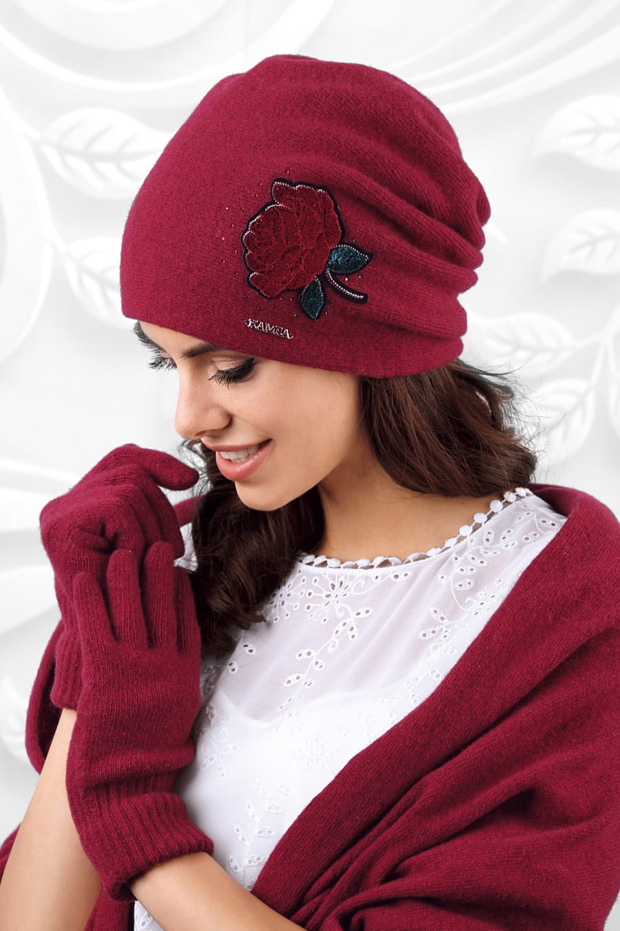 Rękawiczki, Model: Rękawiczki*01, Kolor: wino, Skład materiału: 80% Wełna; 20% Poliamid, Rozmiar: Uniwersalny (Rękawiczki, zdjęcie 3)