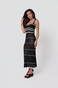 Damen Maxikleid Boho Spitzenkleid mit Spaghettiträgern. Farbe Schwarz