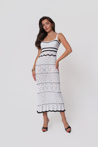 Damen Maxikleid mit Lochmuster, Boho, Spaghetti-Träger. Farbe: Weiß
