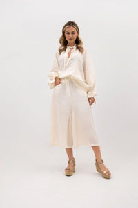 7/8-Culottes aus Leinen – weite Culottes mit elastischem Bund. Farbe: Ecru.