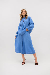 Linen shirt with ruffles and gathers - natural elegance in boho style. Color: Blue