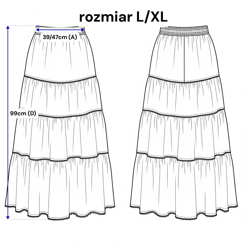 Lniana spódnica maxi z sześcioma falbanami w ciemnym beżu, podkreślająca kobiecą sylwetkę | Bastet | Spironik.pl