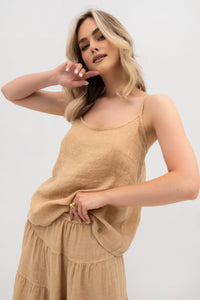 Women's linen tank top with straps - boho style. Color: Dark beige