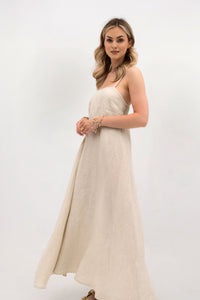 Linen maxi dress with straps - flared and airy. Color: Ecru