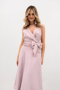 Linen wrap midi dress with tie - classic A-line silhouette. Color: Pink