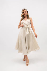 Linen wrap midi dress with tie - classic A-line silhouette. Light beige color