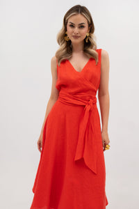Linen wrap midi dress with tie - classic A-line silhouette. Coral color