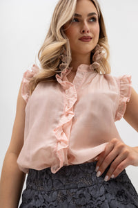 Sleeveless blouse with ruffles and a stand-up collar, made of Tencel. Salmon color.