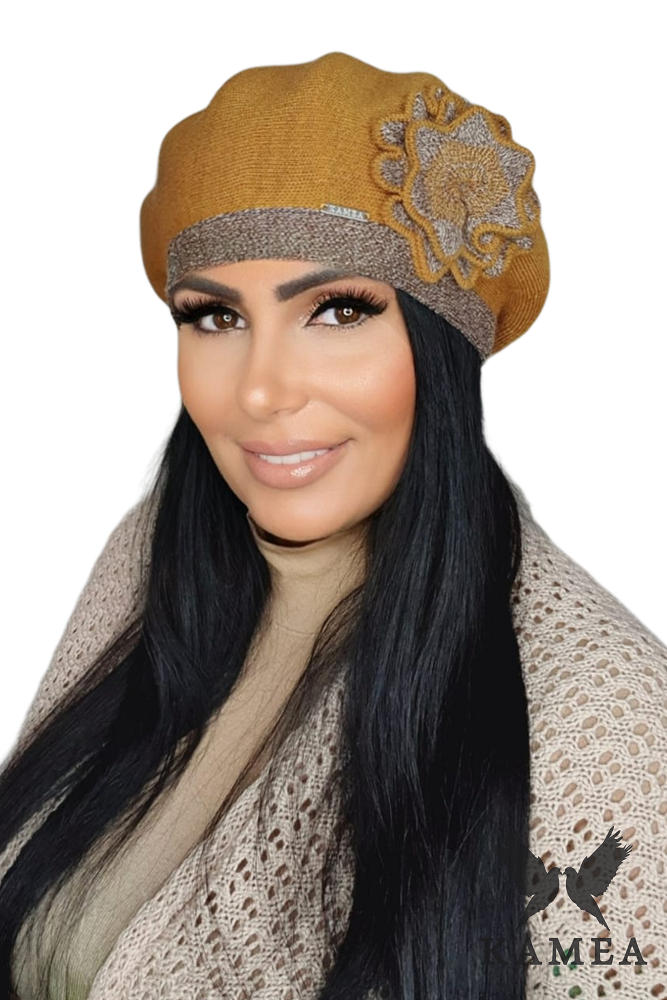 Beret Damski, Model: Elicia, Kolor: miodowy, Skład materiału: 50% Wełna; 50% Akryl, Przeznaczenie: Jesień/Zima, Rozmiar: Uniwersalny (54-60)
