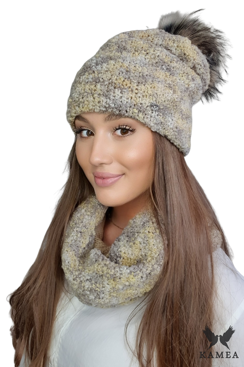 Komplet (Czapka + Komin), Model: Fazila-Komplet, Kolor: mix brązowy, Skład materiału: 50% Baby Alpaka; 50% Wełna Jagnięca, Przeznaczenie: Jesień/Zima, Wymiary(długość/szerokość): 33cm/37cm