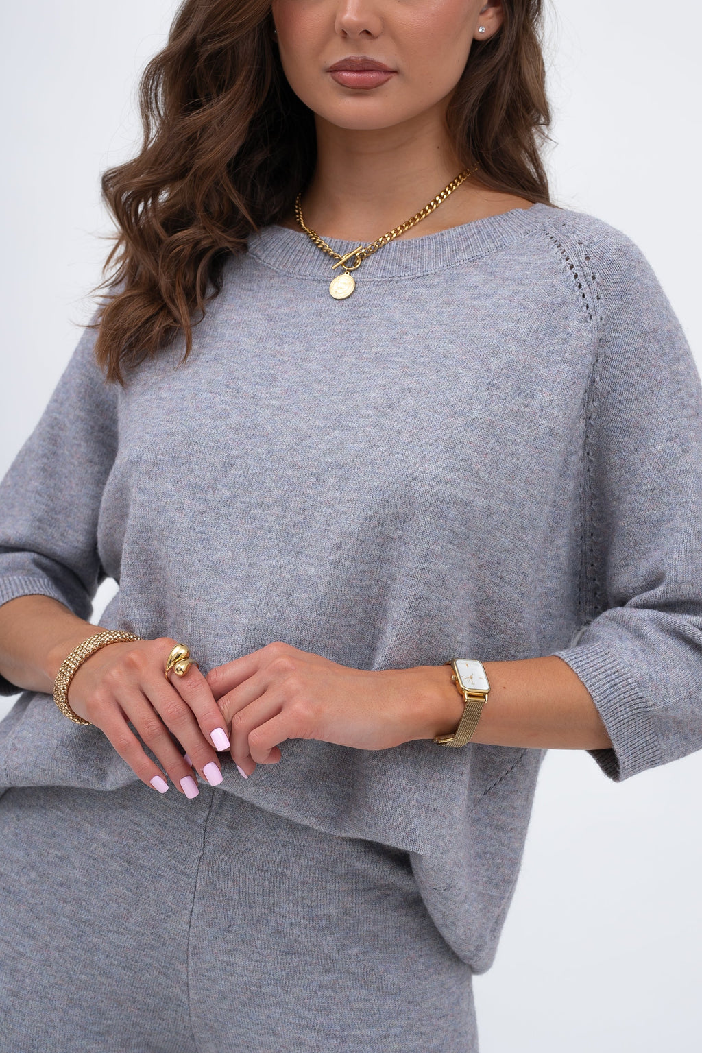 Szary melanżowy komplet dzianinowy, łączący komfort z nowoczesnym stylem | Bastet | Spironik.pl