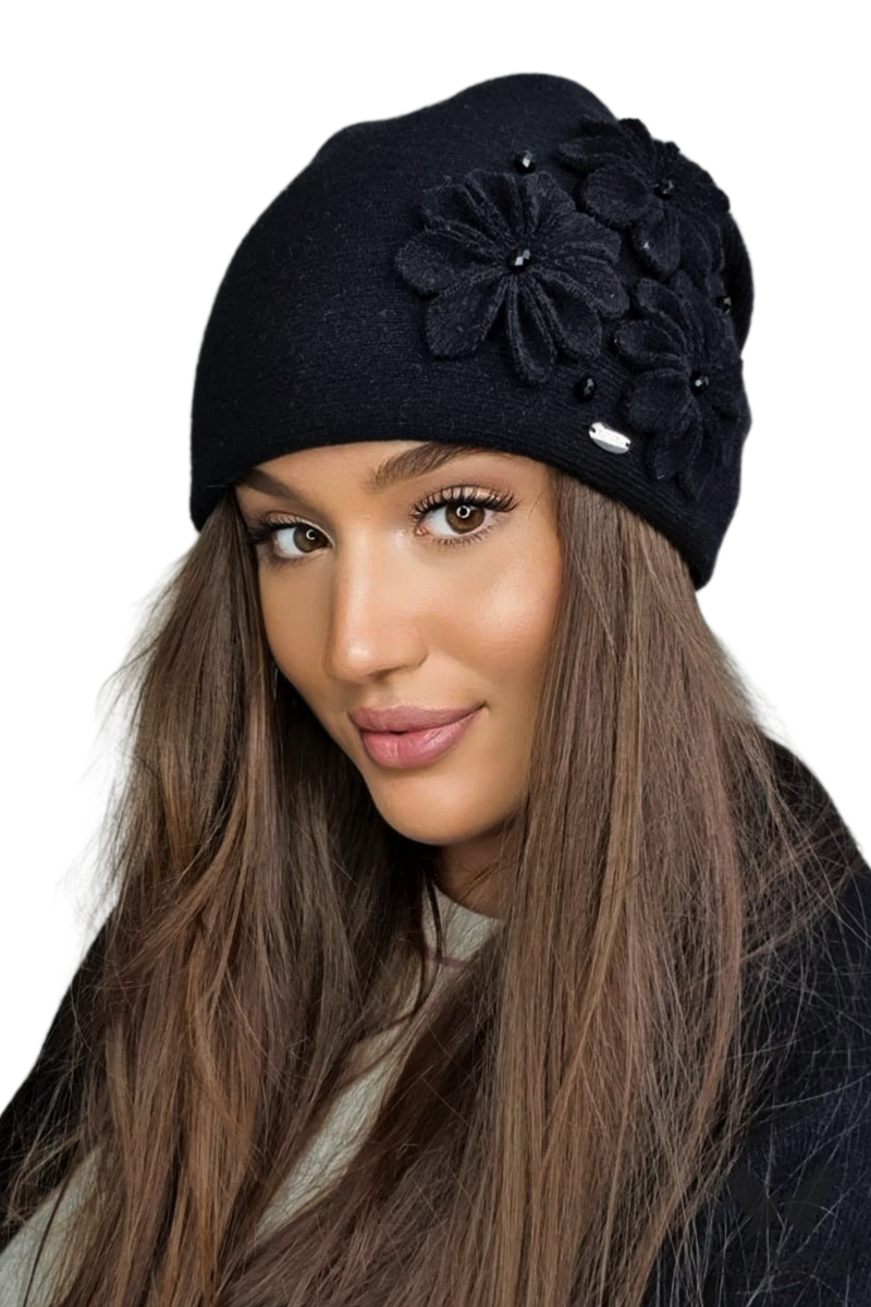 Czapki, Model: Jasira, Kolor: czarny, Skład materiału: 80% Wełna; 20% Poliamid, Przeznaczenie: Jesień/Zima, Rozmiar: Uniwersalny (54-60)
