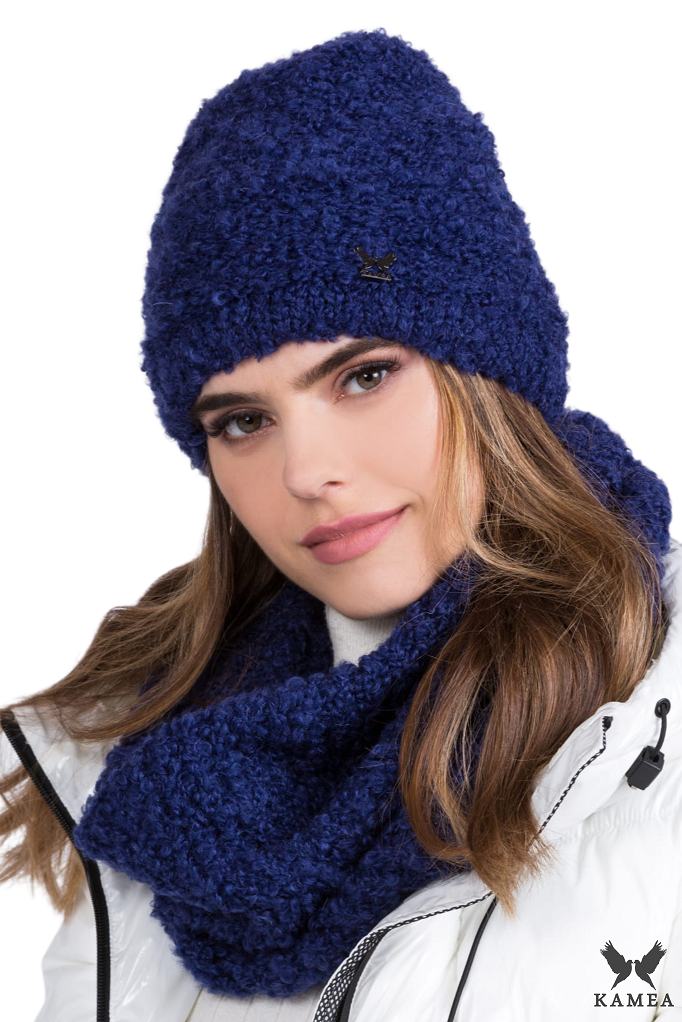 Komplet (Czapka+ Komin), Model: Nimfa-Komplet, Kolor: granatowy, Skład materiału: 38% Akryl; 25% Moher; 20% Wełna; 17% Poliamid, Rozmiar: Uniwersalny (54-60)