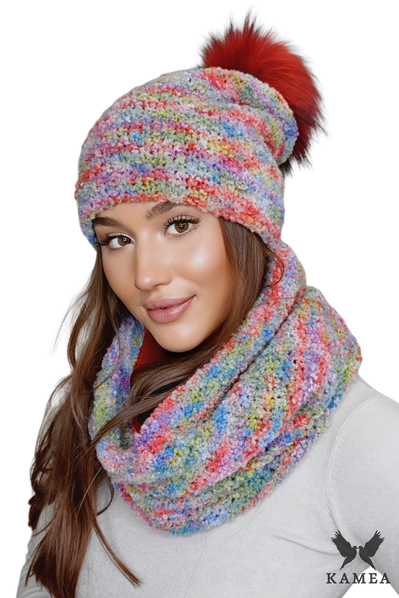 Komplet (Czapka + Komin), Model: Fazila-Komplet, Kolor: mix kolorowy, Skład materiału: 50% Baby Alpaka; 50% Wełna Jagnięca, Przeznaczenie: Jesień/Zima, Wymiary(długość/szerokość): 33cm/37cm