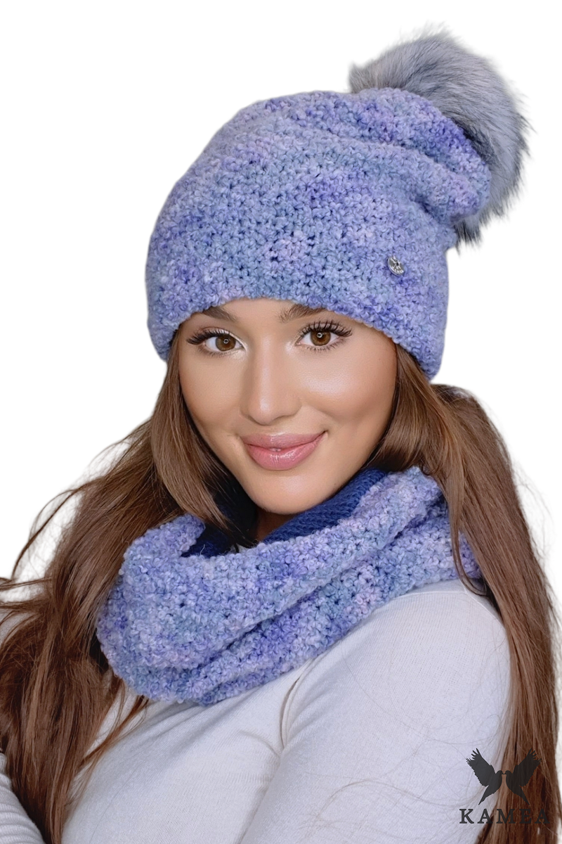 Komplet (Czapka + Komin), Model: Fazila-Komplet, Kolor: mix fiolet, Skład materiału: 50% Baby Alpaka; 50% Wełna Jagnięca, Przeznaczenie: Jesień/Zima, Wymiary(długość/szerokość): 33cm/37cm (Komplet (Czapka + Komin), zdjęcie 2)