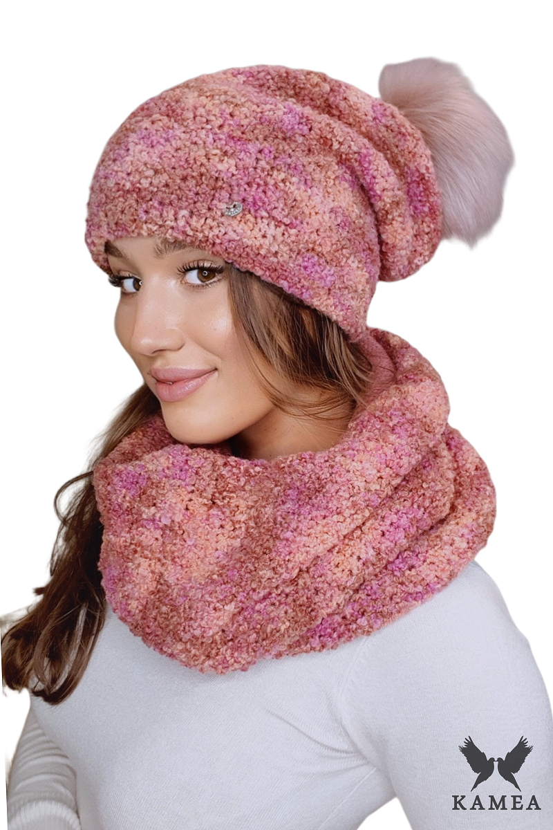 Komplet (Czapka + Komin), Model: Fazila-Komplet, Kolor: mix rudy, Skład materiału: 50% Baby Alpaka; 50% Wełna Jagnięca, Przeznaczenie: Jesień/Zima, Wymiary(długość/szerokość): 33cm/37cm