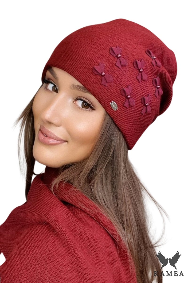 Čepice, Model: Cyria, Barva: bordó, Složení materiálu: 50% Akryl; 30% Vlna; 20% Polyamid, Určení: Podzim/Zima, Velikost: Univerzální (54-60) (Čepice, fotografie 2)