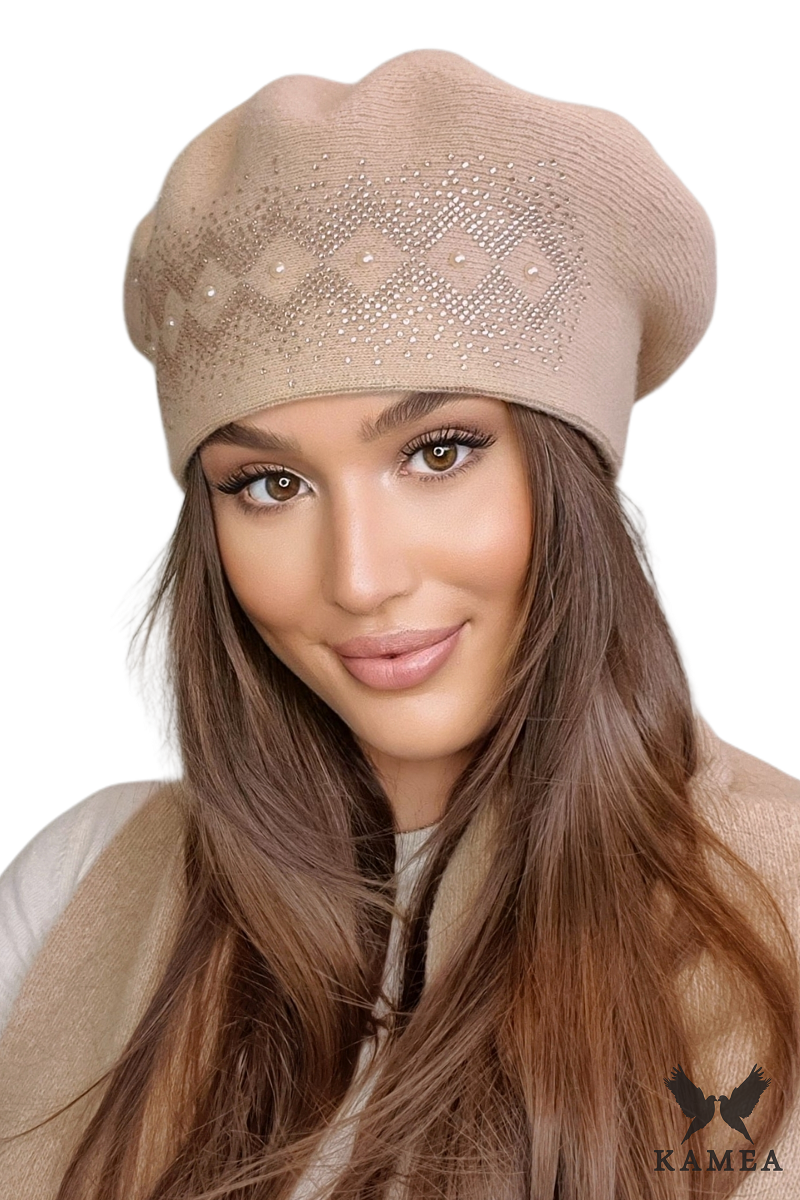 Beret Damski, Model: Ginger, Kolor: camelowy, Skład materiału: 80% Wełna; 20% Poliamid, Przeznaczenie: Jesień/Zima, Rozmiar: Uniwersalny (54-60) (Beret Damski, zdjęcie 2)
