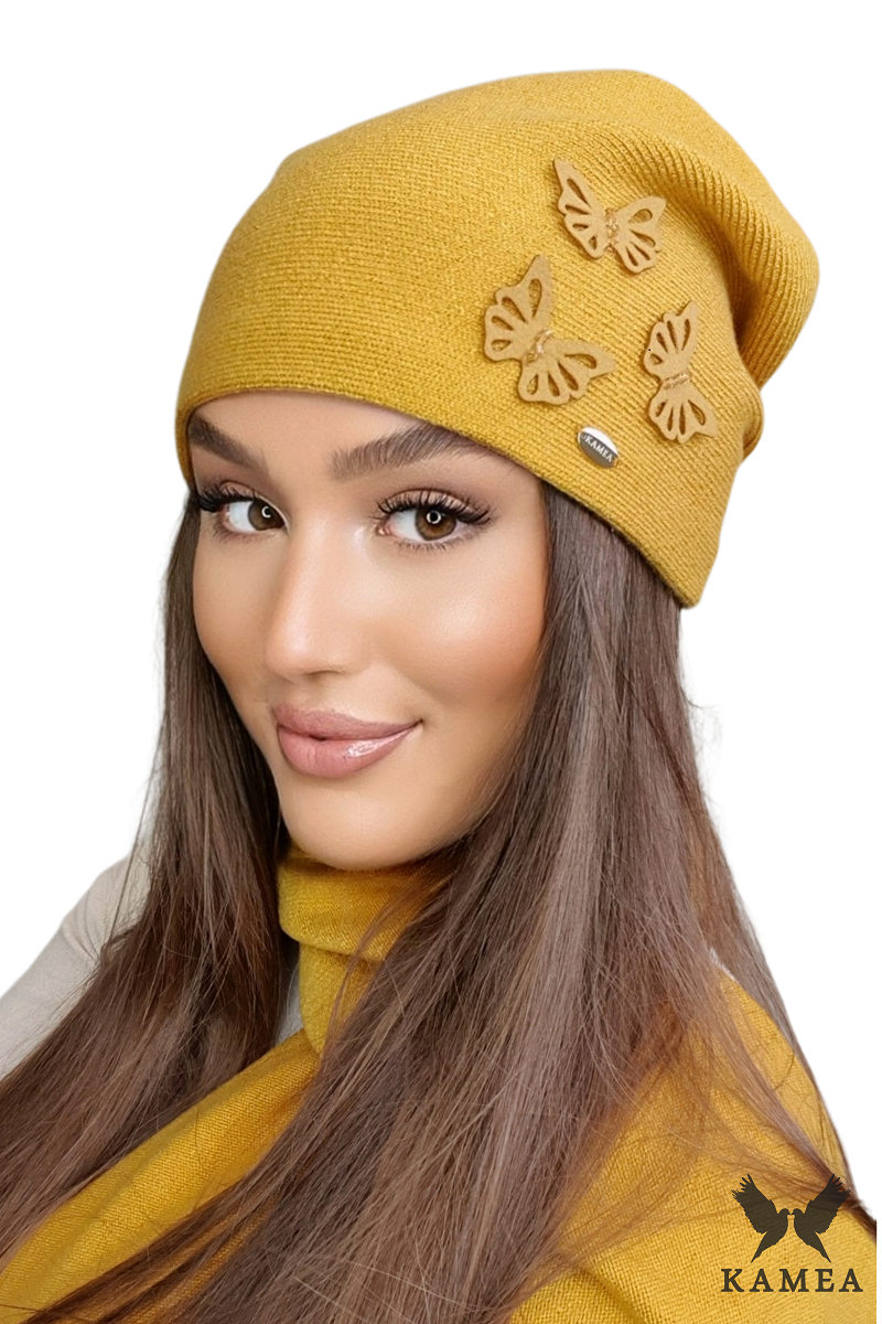 Czapki, Model: Maram, Kolor: miodowy, Skład materiału: 40% Akryl; 25% Wiskoza; 20% Wełna; 15% Elastan, Rozmiar: Uniwersalny (54-60)